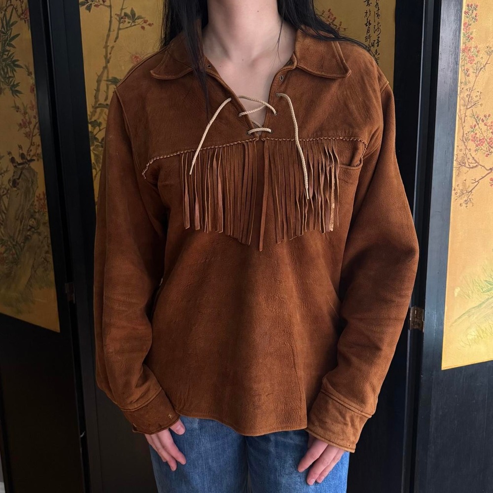 70s true vintage western boho brown suede fringe shirt pull over  jacket